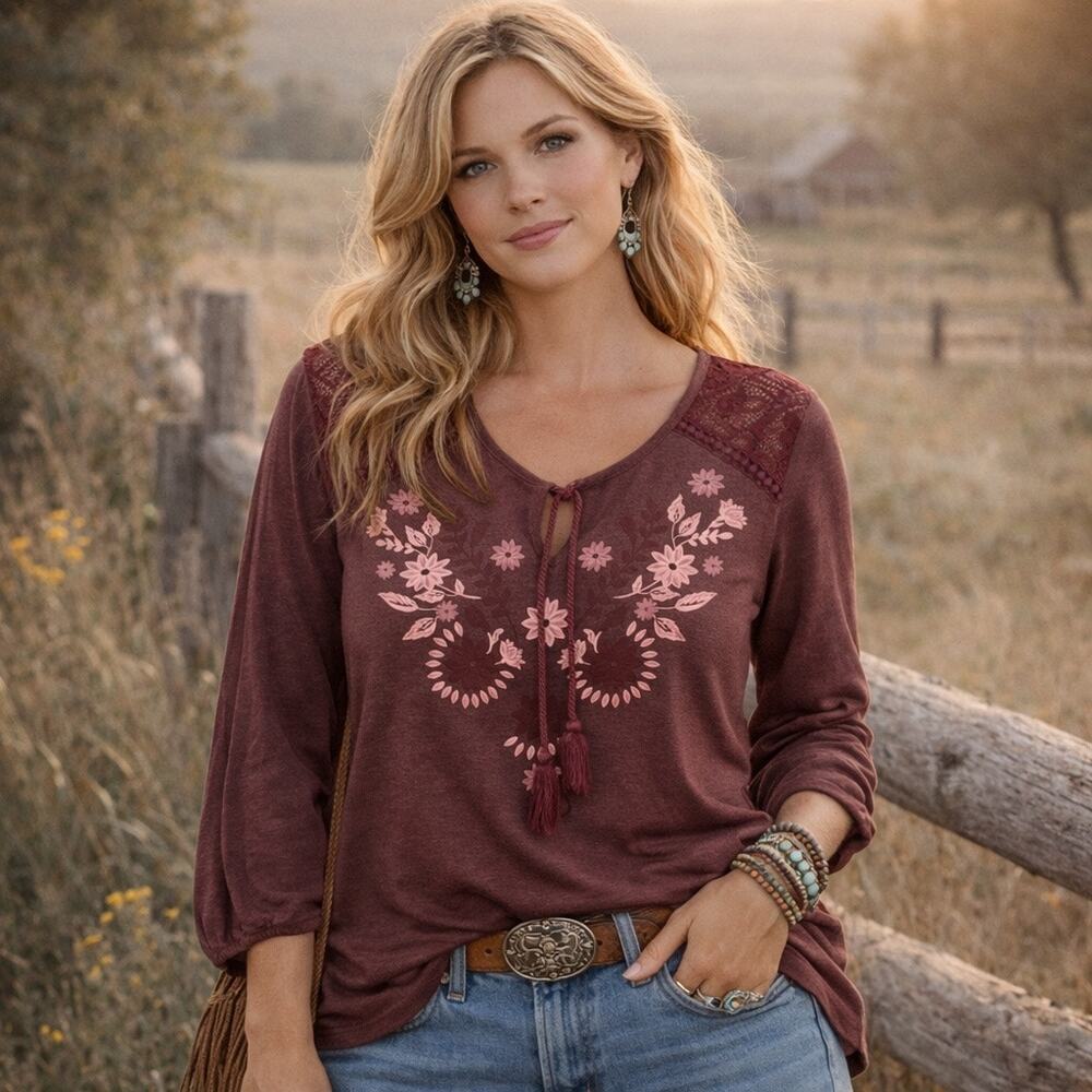 Clover + Scout Knit Top Womens Medium Dark Red Lattice Boho Western Shirt Blouse